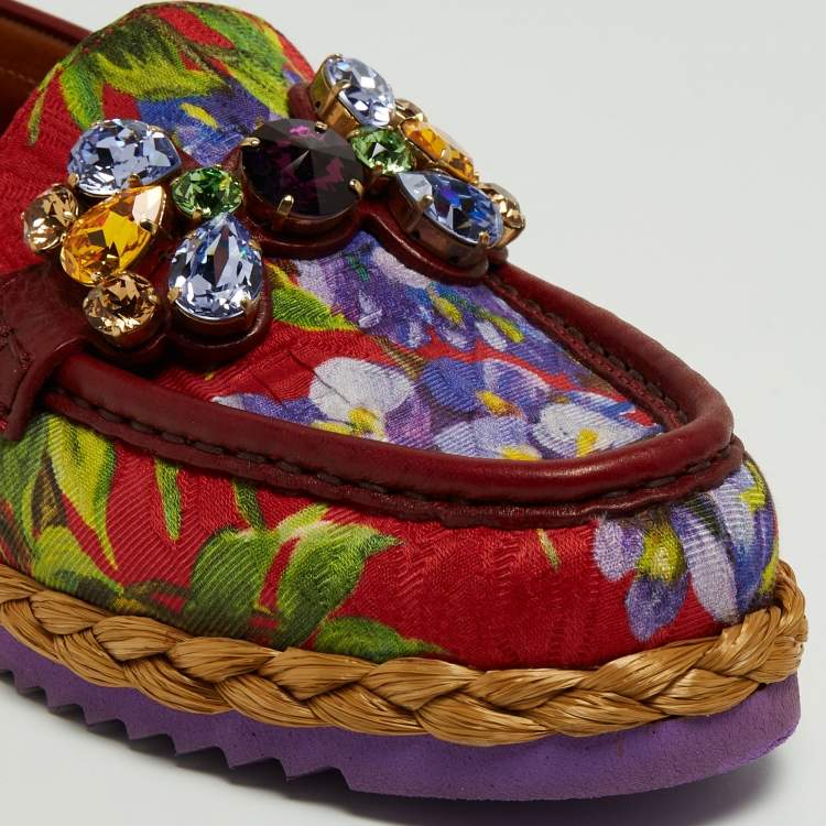 Pre Owned Dolce & Gabbana Multicolor Brocade Fabric and Leather Crystal Embellished Loafers Size 38