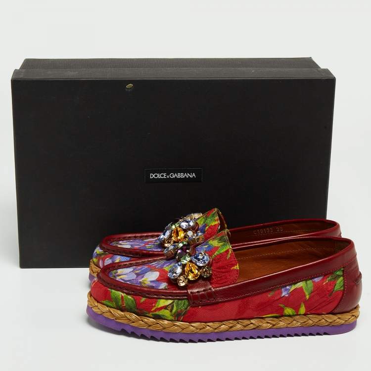 Pre Owned Dolce & Gabbana Multicolor Brocade Fabric and Leather Crystal Embellished Loafers Size 38
