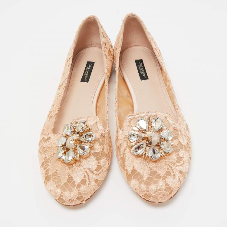 Pre Owned Dolce & Gabbana Orange Lace and Mesh Bellucci Ballet Flats Size 41