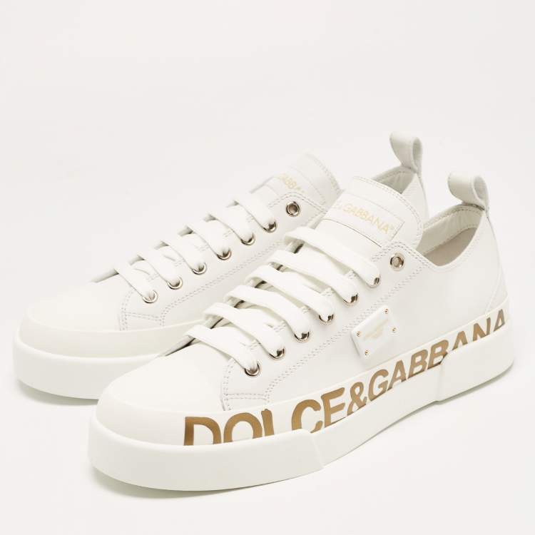 Pre Owned Dolce & Gabbana White/Gold Leather Portofino Sneakers Size 41 