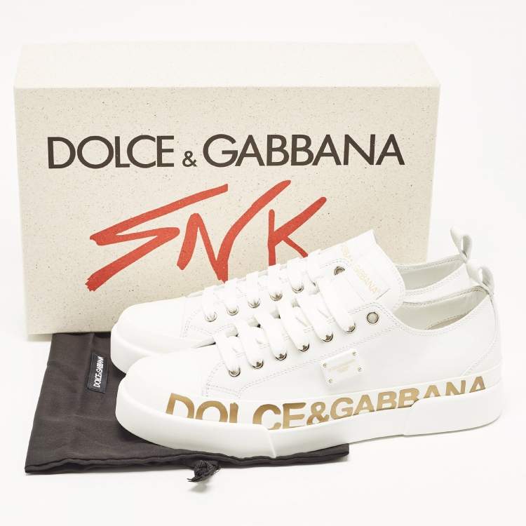 Pre Owned Dolce & Gabbana White/Gold Leather Portofino Sneakers Size 41 