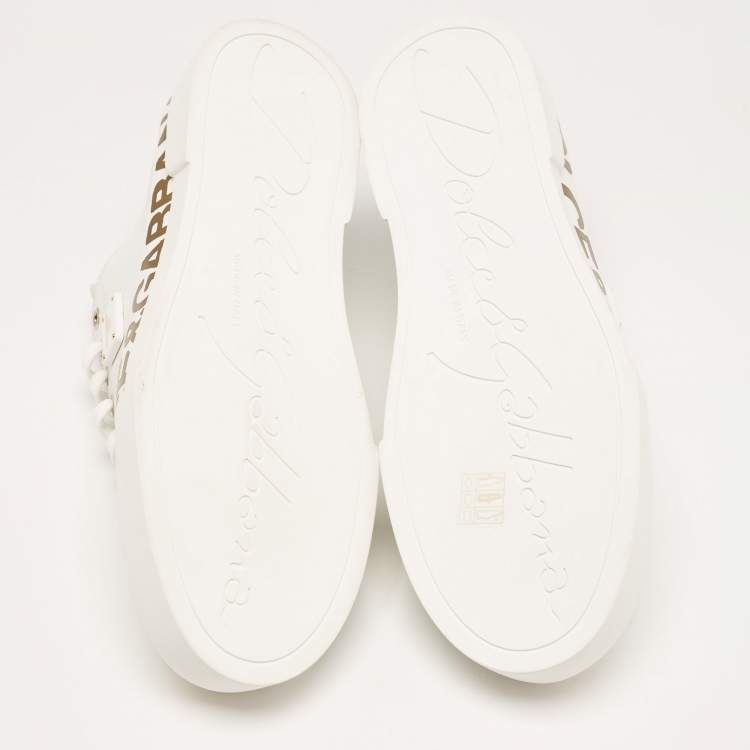 Pre Owned Dolce & Gabbana White/Gold Leather Portofino Sneakers Size 41 