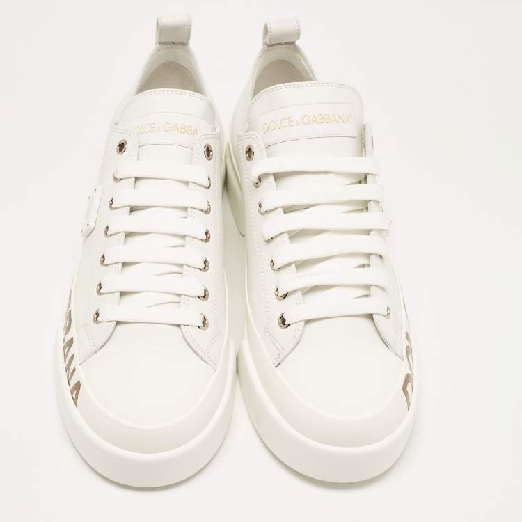 Pre Owned Dolce & Gabbana White/Gold Leather Portofino Sneakers Size 41 