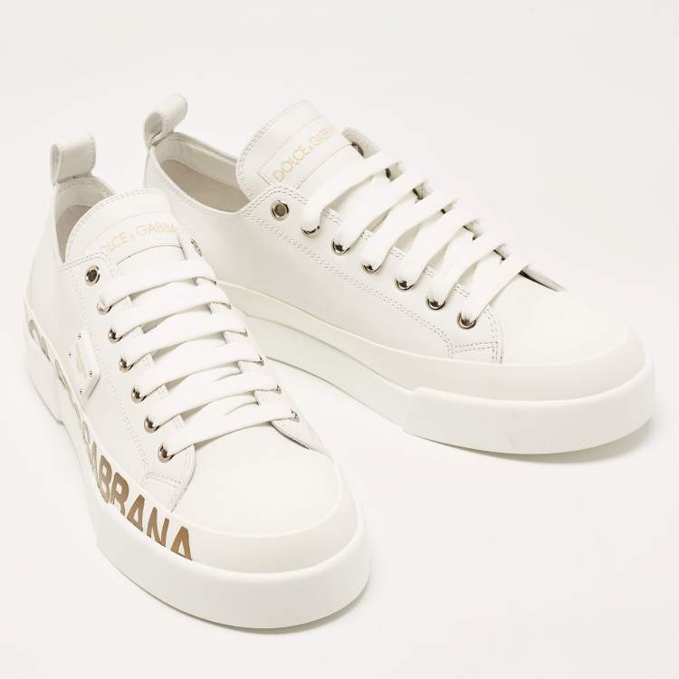 Pre Owned Dolce & Gabbana White/Gold Leather Portofino Sneakers Size 41 