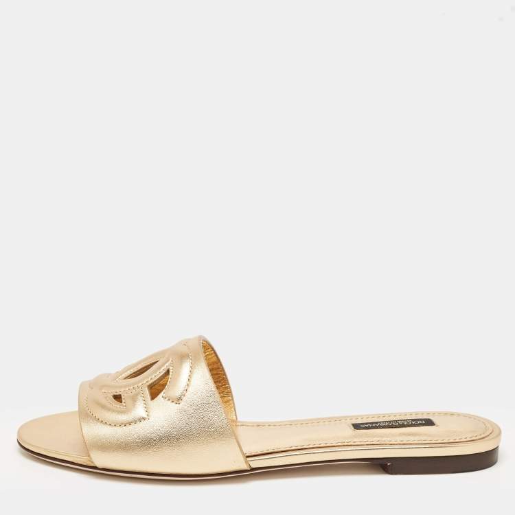 مملوكة مسبقًا Dolce & Gabbana Gold Foil Leather DG Millennials Flat Slides Size 38