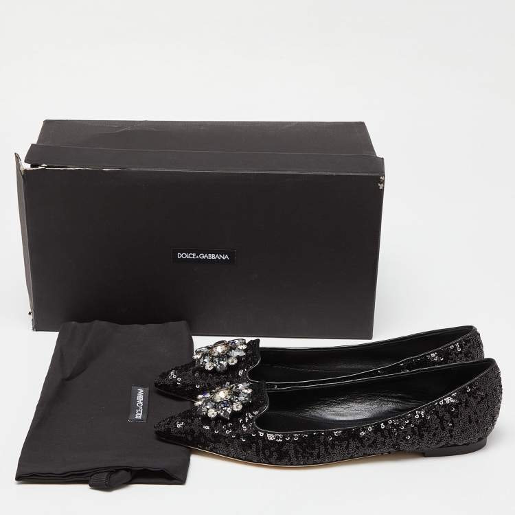 مملوكة مسبقًا Dolce & Gabbana Black Sequins Crystal Embellished Ballet Flats Size 38.5