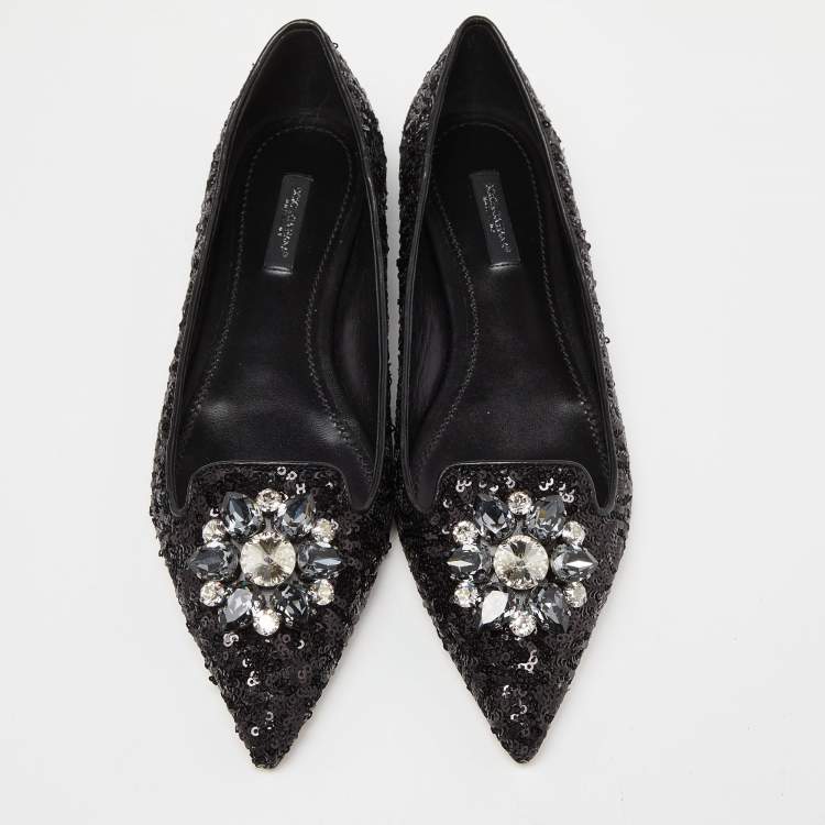 مملوكة مسبقًا Dolce & Gabbana Black Sequins Crystal Embellished Ballet Flats Size 38.5