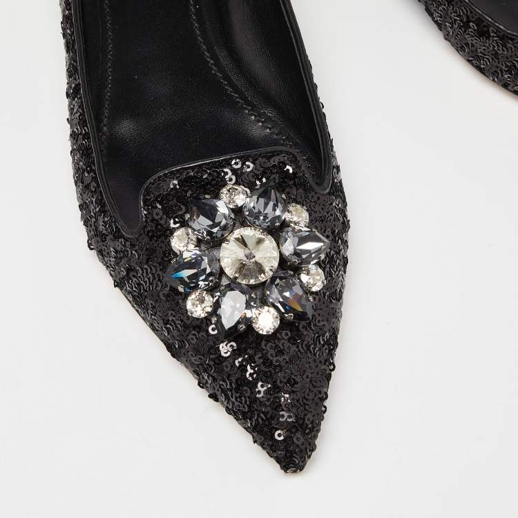 مملوكة مسبقًا Dolce & Gabbana Black Sequins Crystal Embellished Ballet Flats Size 38.5