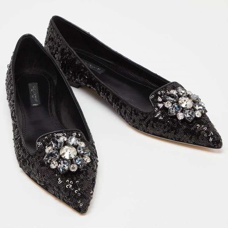 مملوكة مسبقًا Dolce & Gabbana Black Sequins Crystal Embellished Ballet Flats Size 38.5