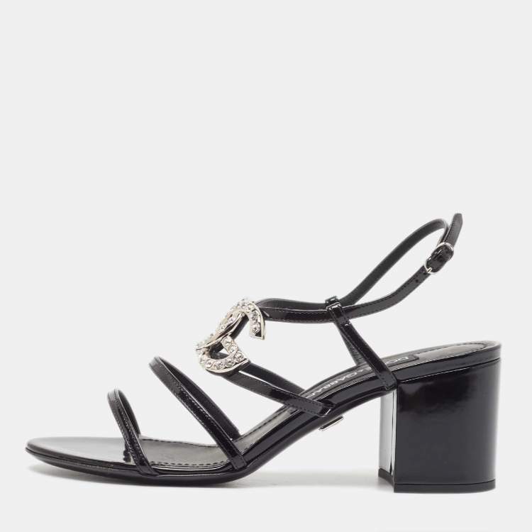 مملوكة مسبقًا Dolce & Gabbana Black Patent Slingback Block Heel Sandals Size 37.5
