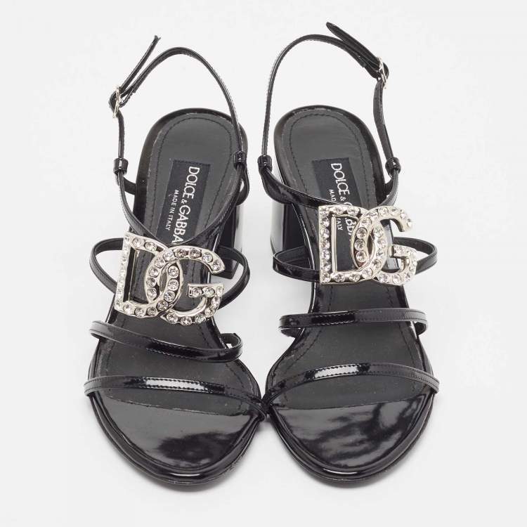 مملوكة مسبقًا Dolce & Gabbana Black Patent Slingback Block Heel Sandals Size 37.5