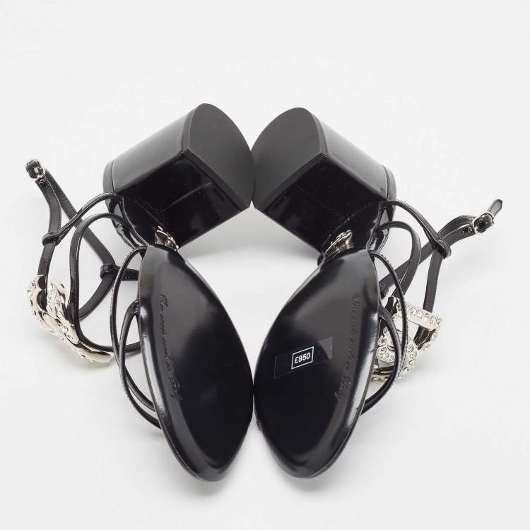 مملوكة مسبقًا Dolce & Gabbana Black Patent Slingback Block Heel Sandals Size 37.5