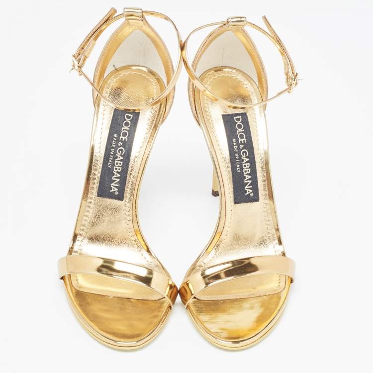 Pre Owned Dolce & Gabbana Gold Mirror Leather Ankle Strap Sandals Size 36