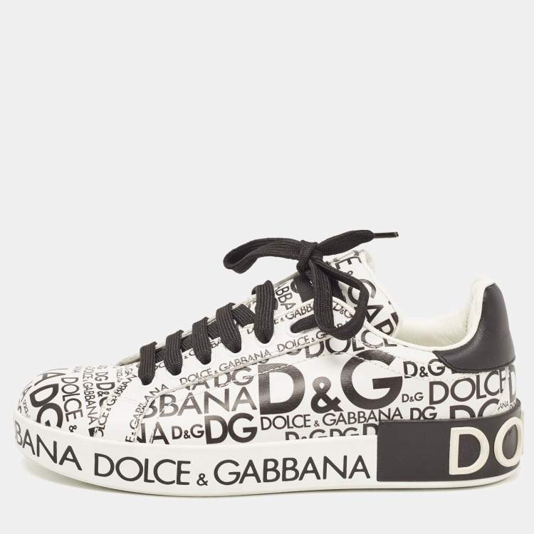 Pre Owned Dolce & Gabbana White/Black Leather Logo Print Portofino Low Top Sneakers Size 37.5