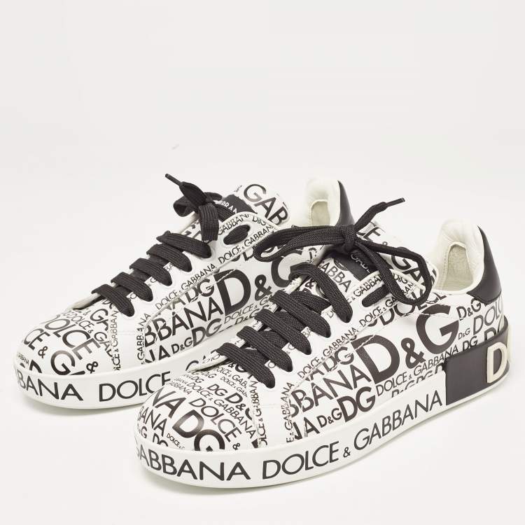 Pre Owned Dolce & Gabbana White/Black Leather Logo Print Portofino Low Top Sneakers Size 37.5