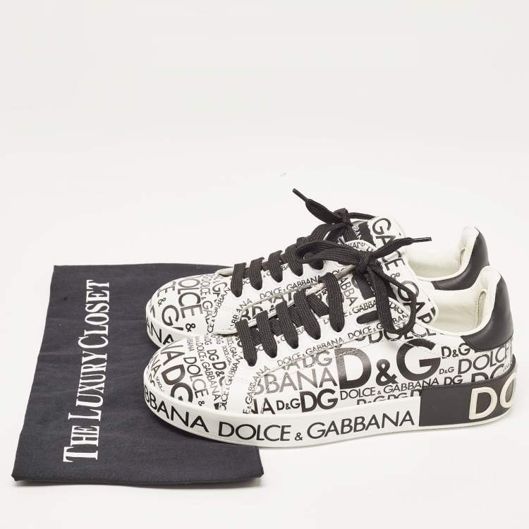 Pre Owned Dolce & Gabbana White/Black Leather Logo Print Portofino Low Top Sneakers Size 37.5