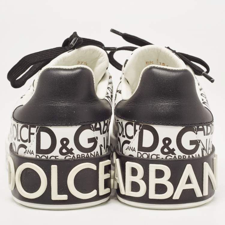 Pre Owned Dolce & Gabbana White/Black Leather Logo Print Portofino Low Top Sneakers Size 37.5