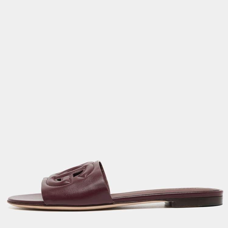 Pre Owned Dolce & Gabbana Burgundy Leather DG Cut Out Flat Slides Size 36