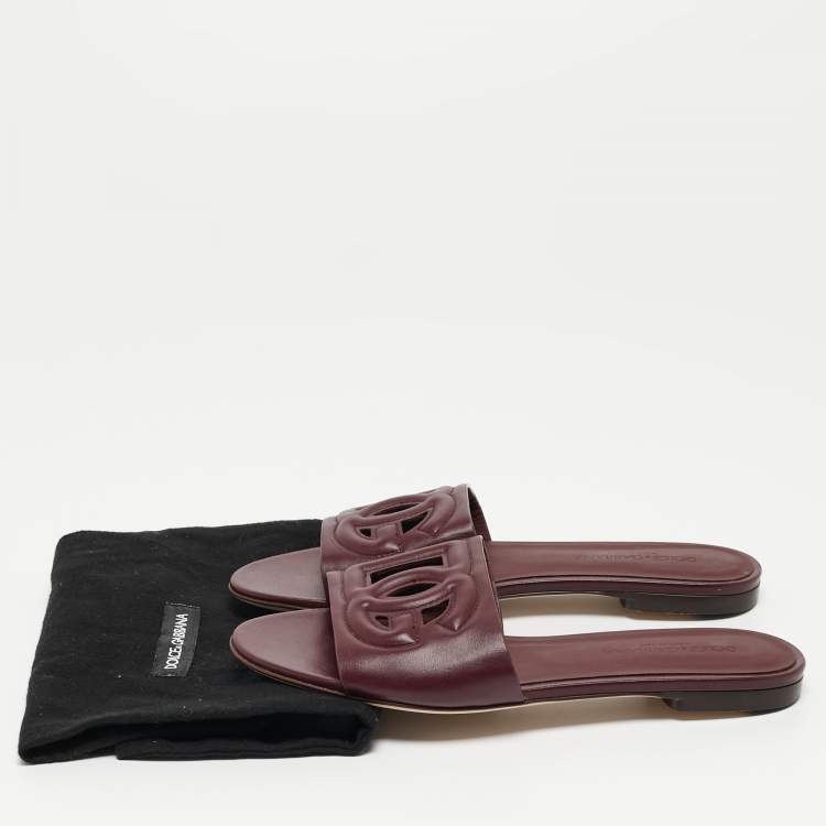 Pre Owned Dolce & Gabbana Burgundy Leather DG Cut Out Flat Slides Size 36