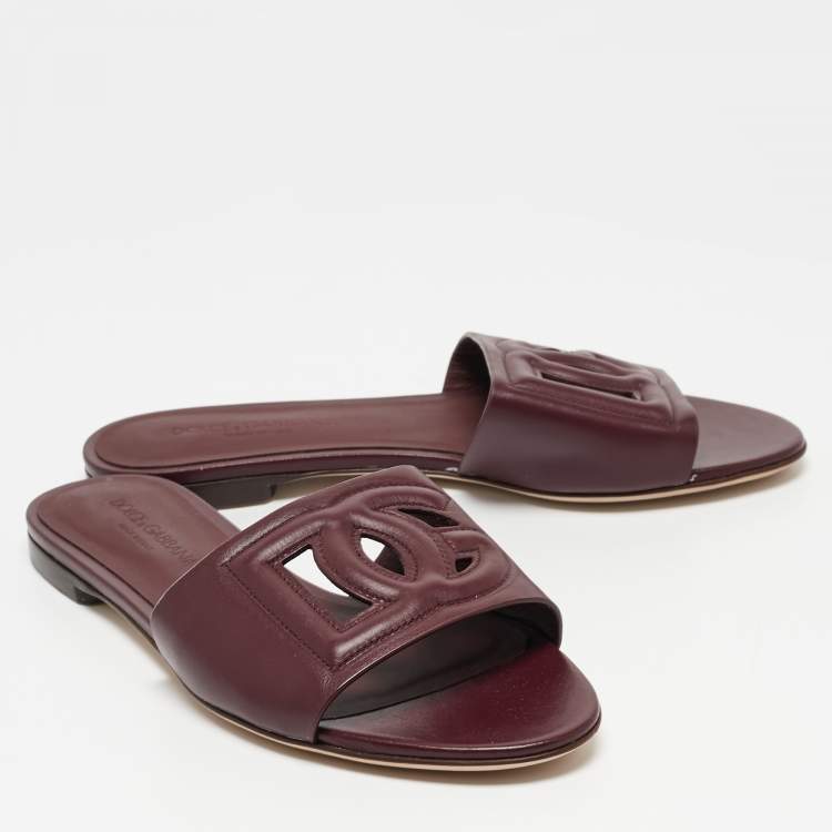 Pre Owned Dolce & Gabbana Burgundy Leather DG Cut Out Flat Slides Size 36