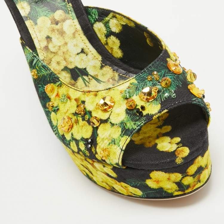 Pre Owned Dolce & Gabbana Tricolor Printed Canvas Crystal Embellished Wedge Slide Sandals Size 38.5