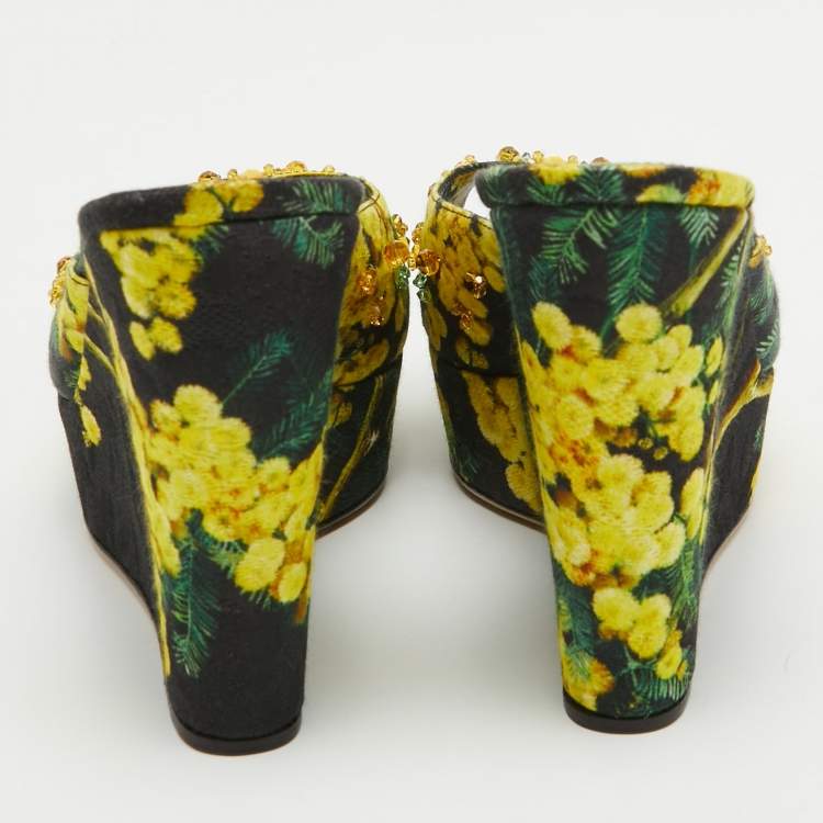 Pre Owned Dolce & Gabbana Tricolor Printed Canvas Crystal Embellished Wedge Slide Sandals Size 38.5