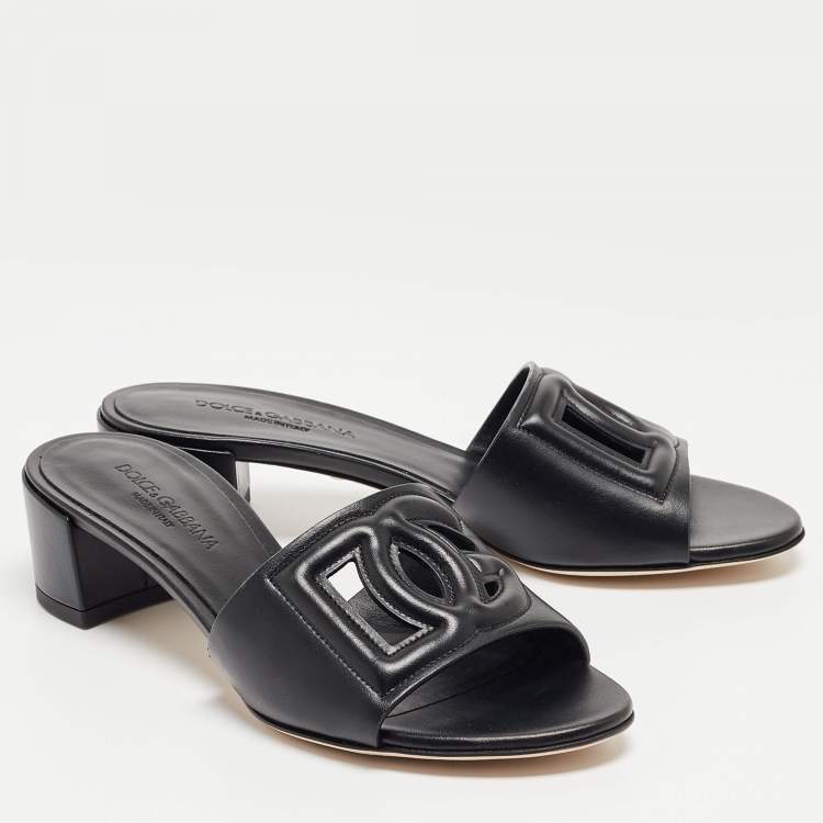 Pre Owned Dolce & Gabbana Black Leather DG Cut Out Slide Sandals Size 37