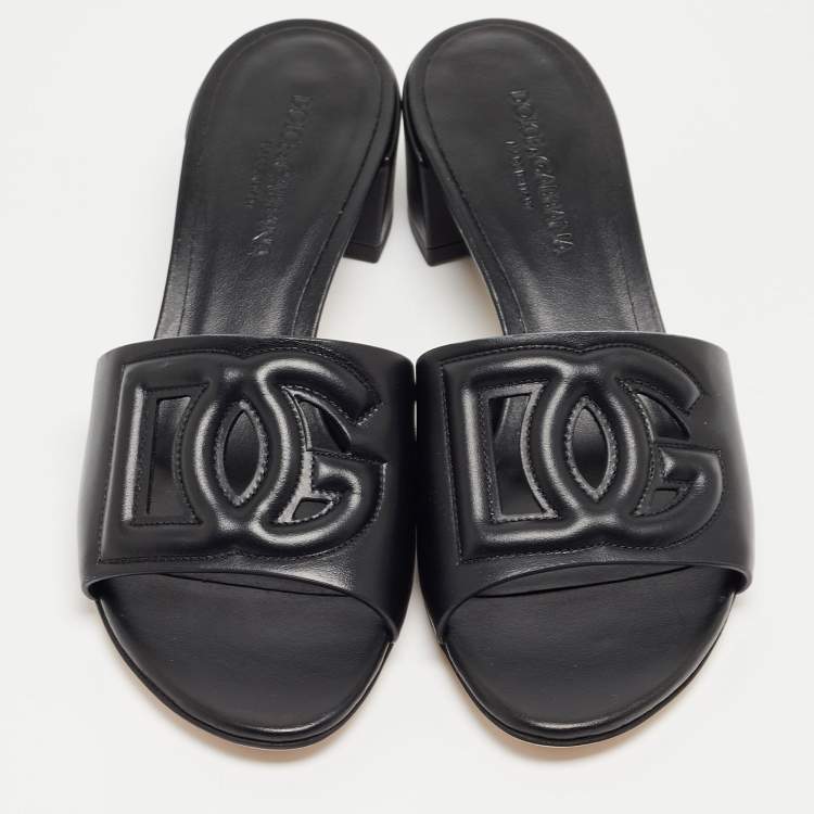Pre Owned Dolce & Gabbana Black Leather DG Cut Out Slide Sandals Size 37