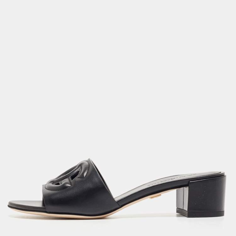 Pre Owned Dolce & Gabbana Black Leather DG Cut Out Slide Sandals Size 37