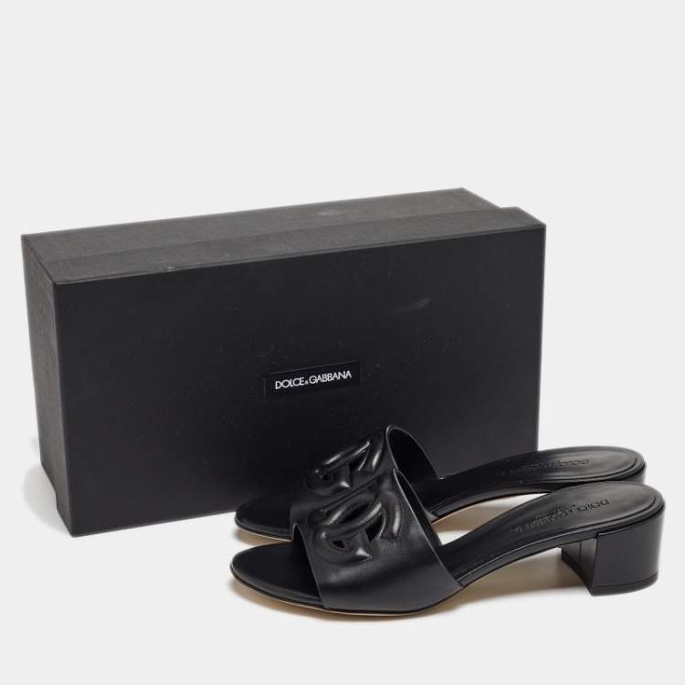 Pre Owned Dolce & Gabbana Black Leather DG Cut Out Slide Sandals Size 37