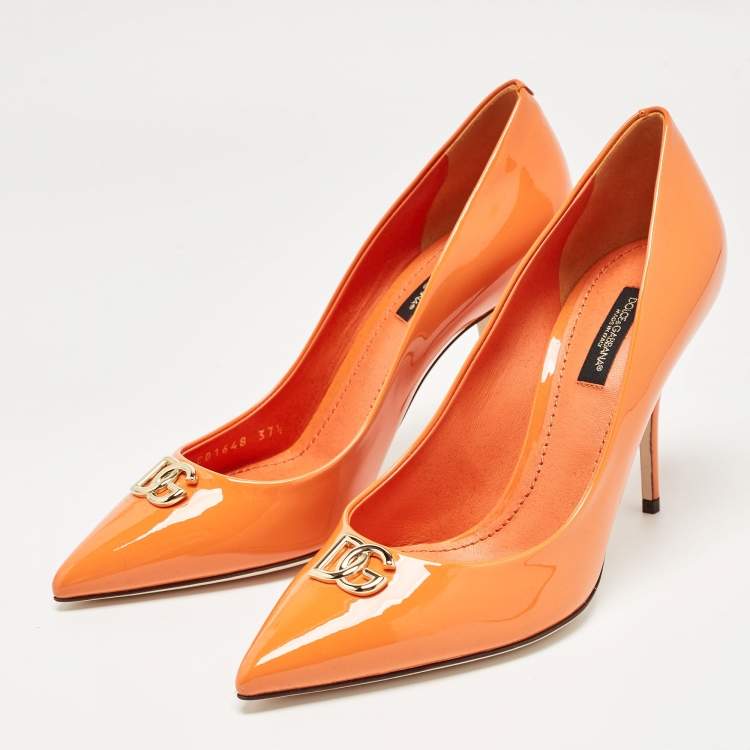 Pre Owned Dolce & Gabbana Orange Patent Leather DG Buckle Pumps Size 37.5