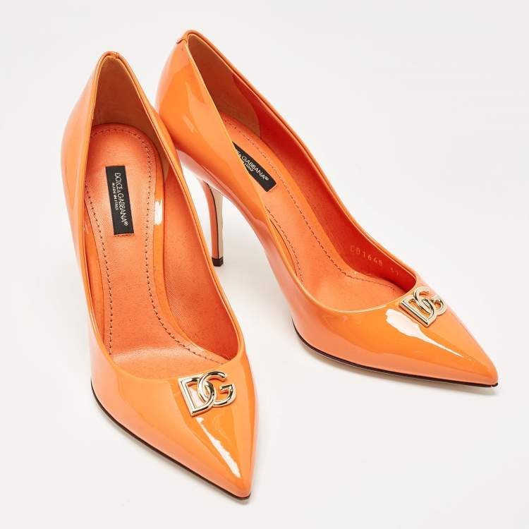 Pre Owned Dolce & Gabbana Orange Patent Leather DG Buckle Pumps Size 37.5