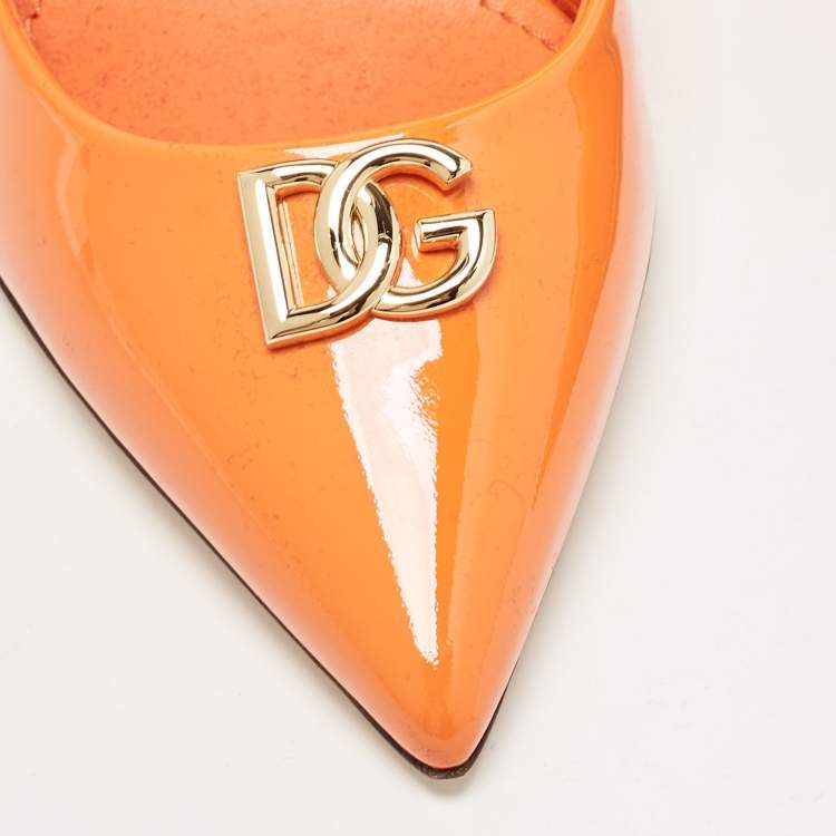 Pre Owned Dolce & Gabbana Orange Patent Leather DG Buckle Pumps Size 37.5