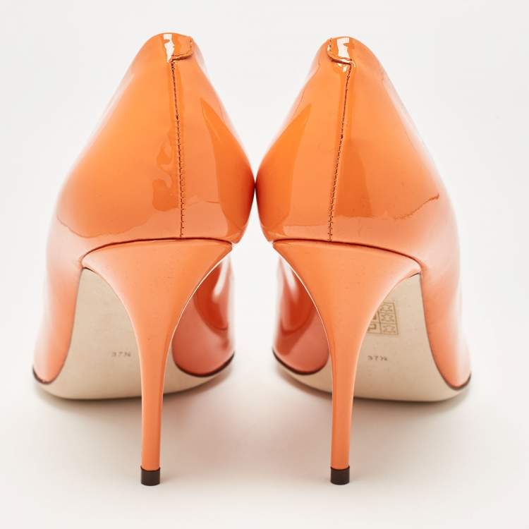 Pre Owned Dolce & Gabbana Orange Patent Leather DG Buckle Pumps Size 37.5