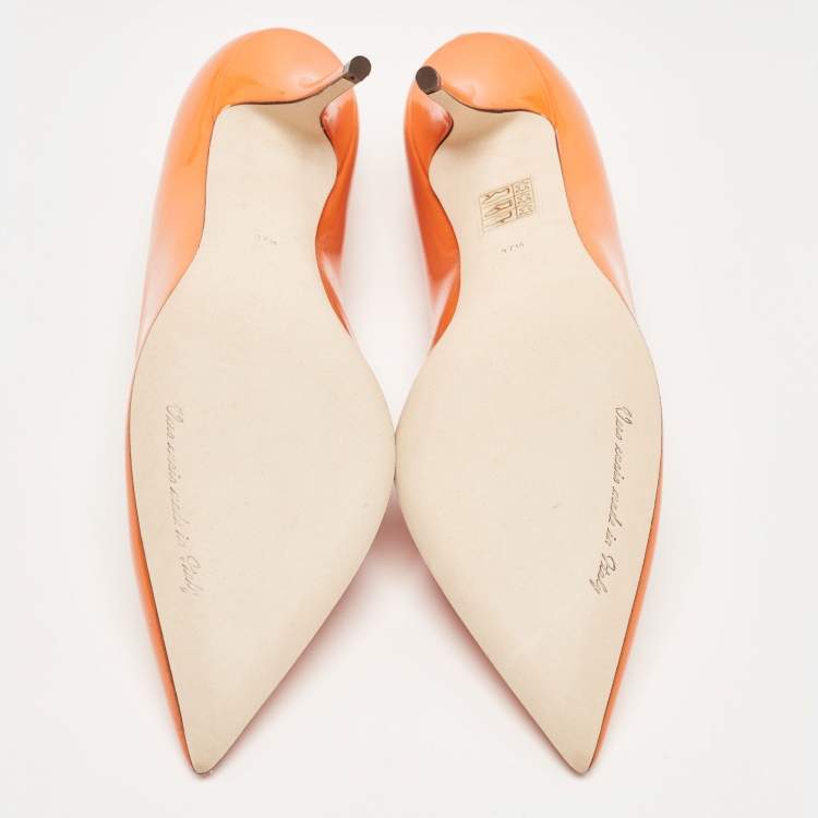 Pre Owned Dolce & Gabbana Orange Patent Leather DG Buckle Pumps Size 37.5