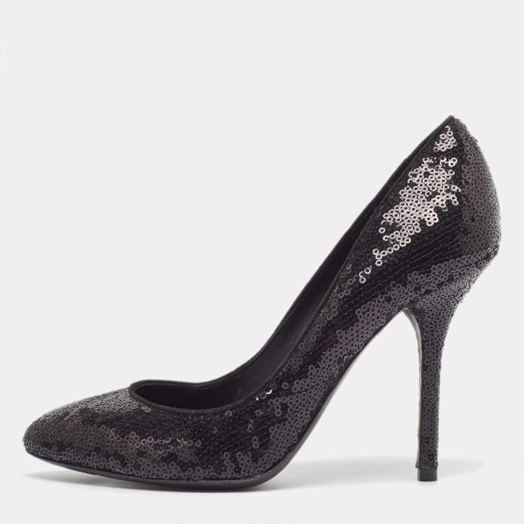 Pre Owned Dolce & Gabbana Black Sequins Round Toe Pumps Size 37.5