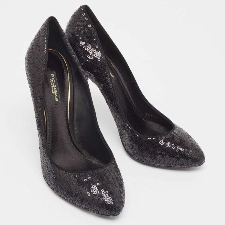 Pre Owned Dolce & Gabbana Black Sequins Round Toe Pumps Size 37.5