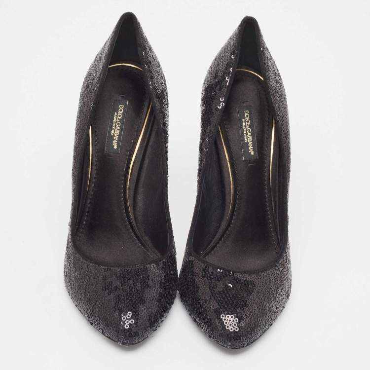 Pre Owned Dolce & Gabbana Black Sequins Round Toe Pumps Size 37.5