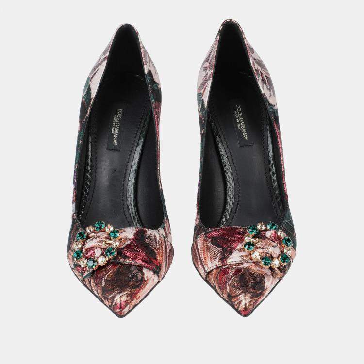 Pre Owned Dolce & Gabbana Snakeskin and Brocade Fabric Pumps Size 35.5