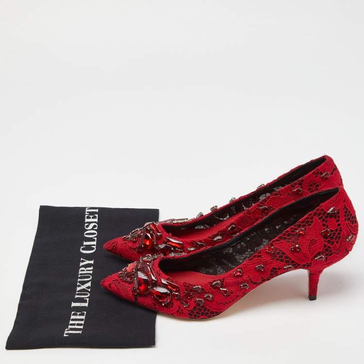 Pre Owned Dolce & Gabbana Red Lace Crystal Embellished Pumps Size 41