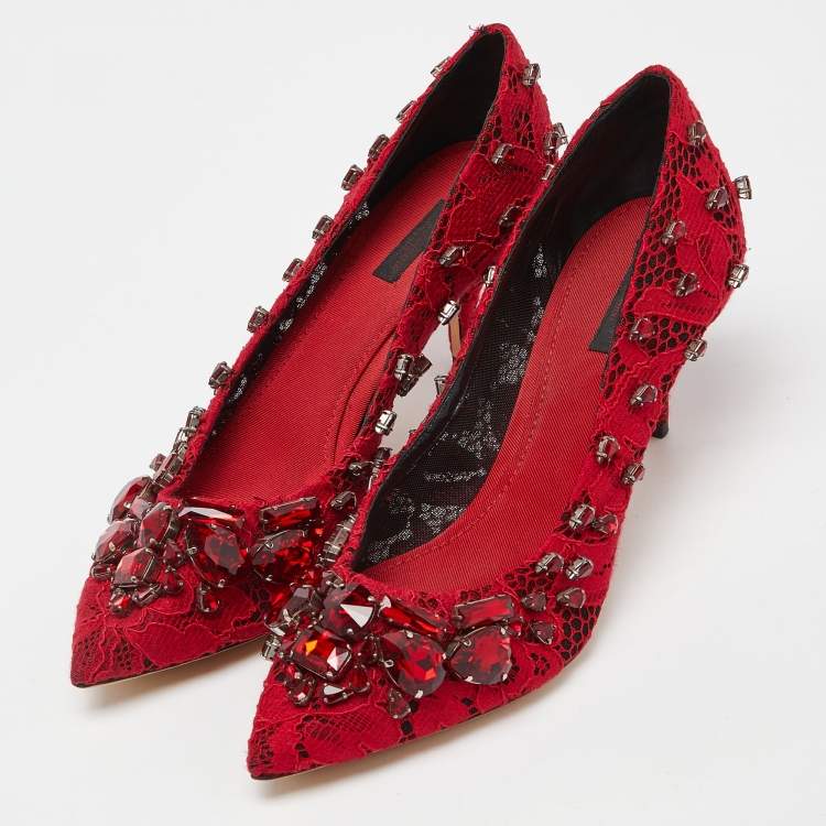 Pre Owned Dolce & Gabbana Red Lace Crystal Embellished Pumps Size 41
