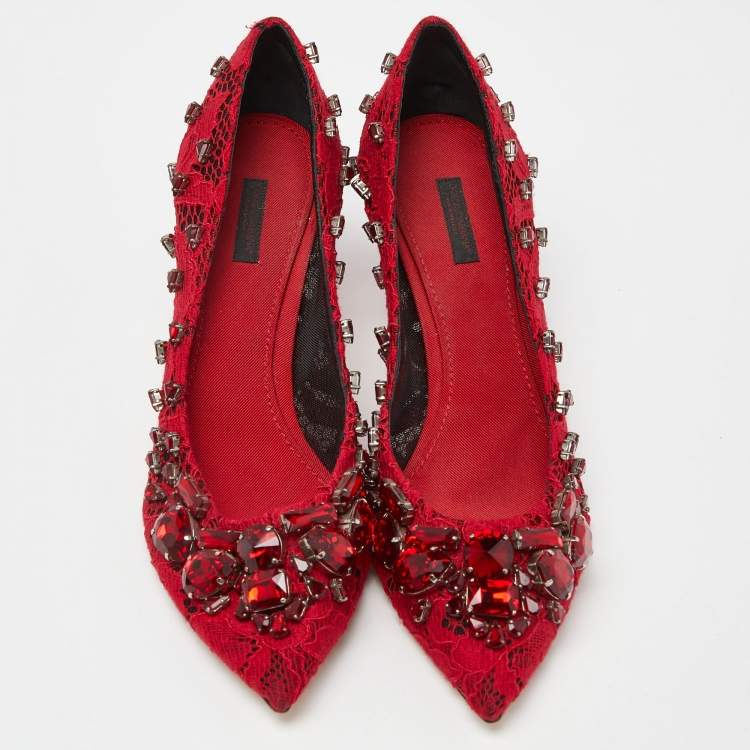 Pre Owned Dolce & Gabbana Red Lace Crystal Embellished Pumps Size 41