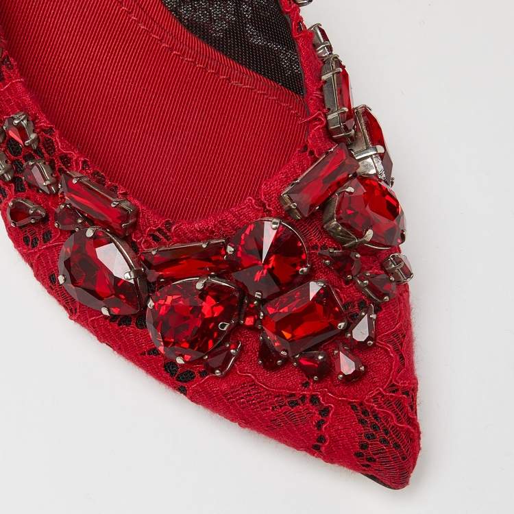Pre Owned Dolce & Gabbana Red Lace Crystal Embellished Pumps Size 41