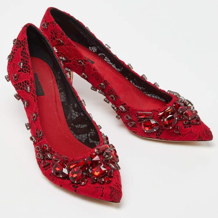 Pre Owned Dolce & Gabbana Red Lace Crystal Embellished Pumps Size 41