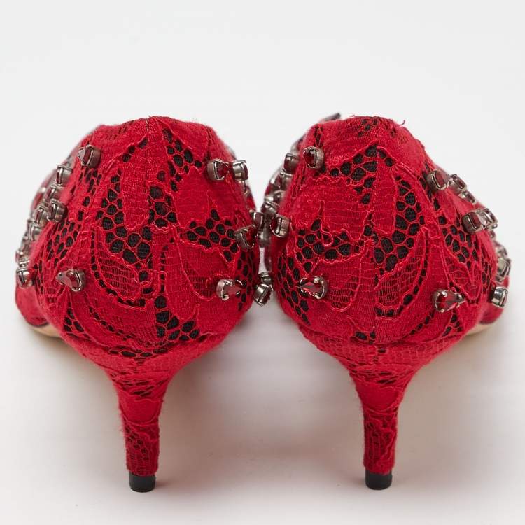 Pre Owned Dolce & Gabbana Red Lace Crystal Embellished Pumps Size 41