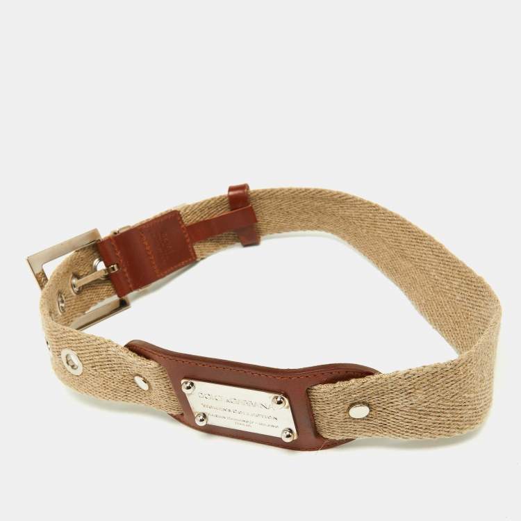 Pre Owned Dolce & Gabbana Beige Canvas and Leather Plaque Detail Waist Belt 65CM