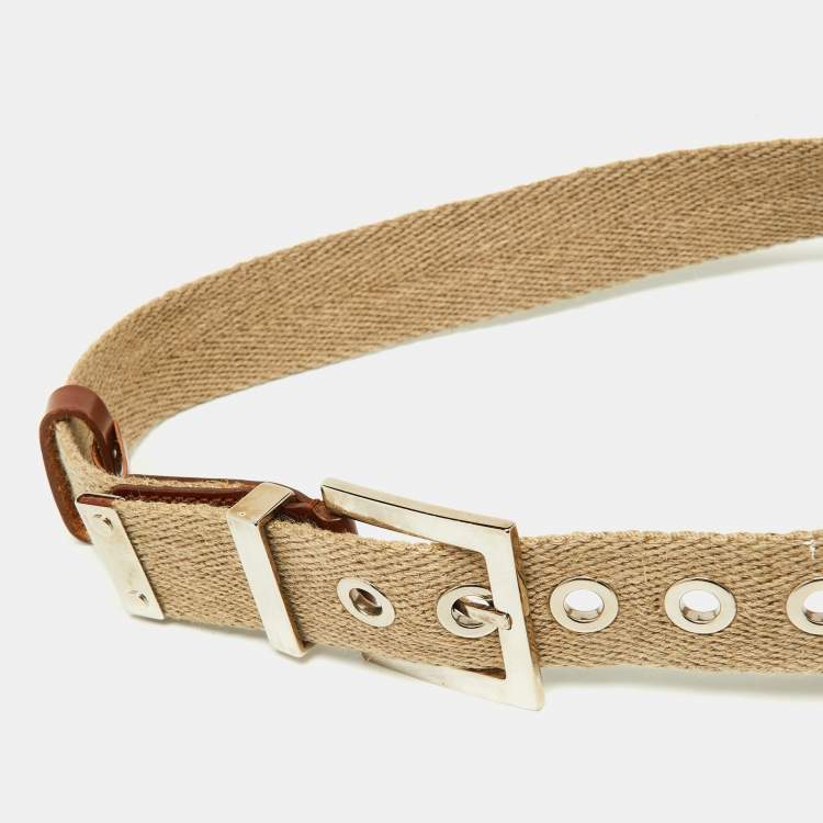Pre Owned Dolce & Gabbana Beige Canvas and Leather Plaque Detail Waist Belt 65CM