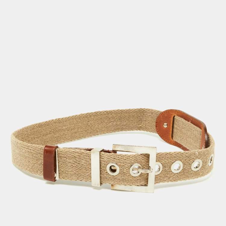 Pre Owned Dolce & Gabbana Beige Canvas and Leather Plaque Detail Waist Belt 65CM