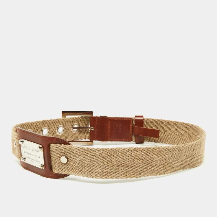 Pre Owned Dolce & Gabbana Beige Canvas and Leather Plaque Detail Waist Belt 65CM