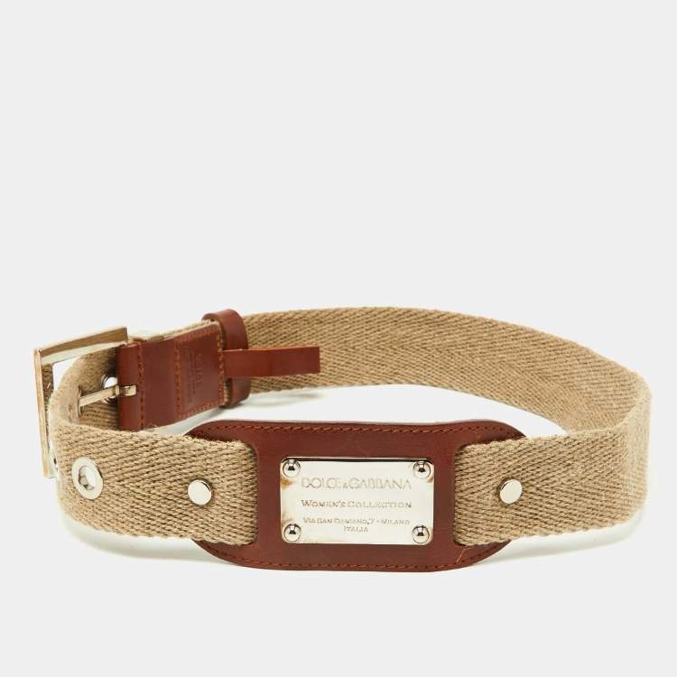 Pre Owned Dolce & Gabbana Beige Canvas and Leather Plaque Detail Waist Belt 65CM